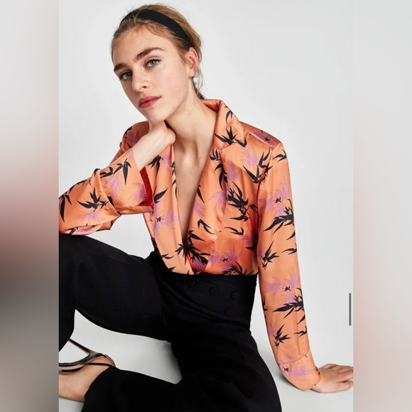 Zara Tops - Zara Satin Floral Deep V Neck Bodysuit Women Size M US